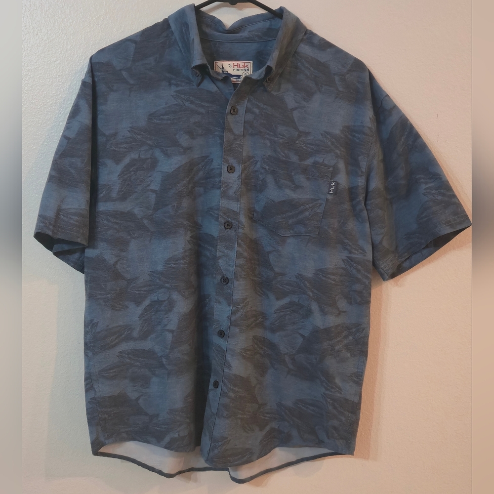 Huk Ocean Blue Button Down Short Sleeve Shirt Small